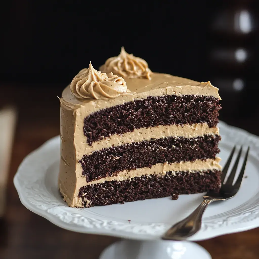 A slice of chocolate cake with layers of creamy frosting on a decorative white plate, accompanied by a fork.