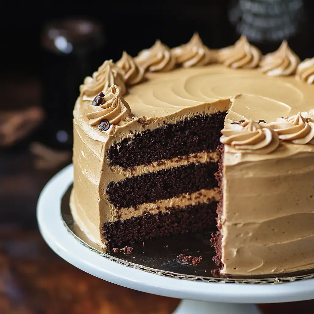 A chocolate layer cake with coffee frosting and a slice cut from it, displayed on a white cake stand.