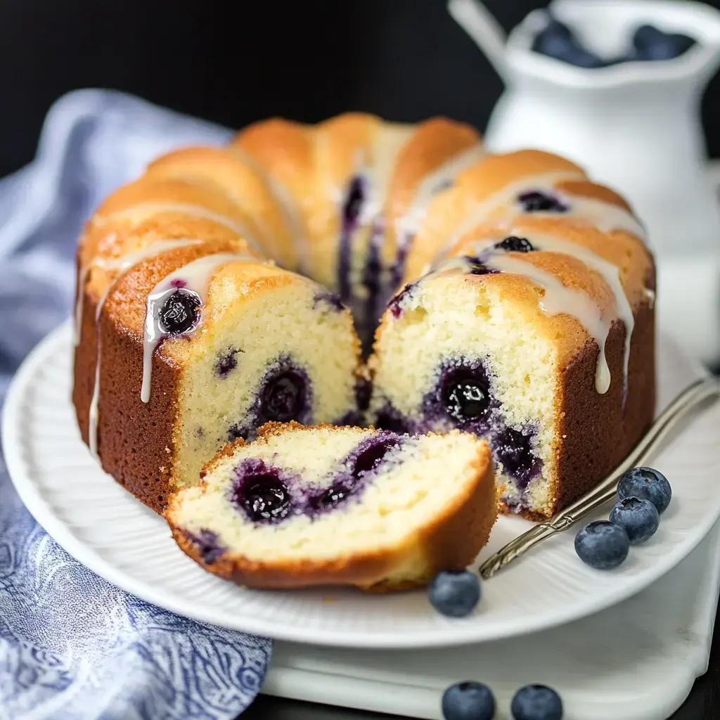 A sliced blueberry bundt cake drizzled with icing, served on a white plate with fresh blueberries nearby.