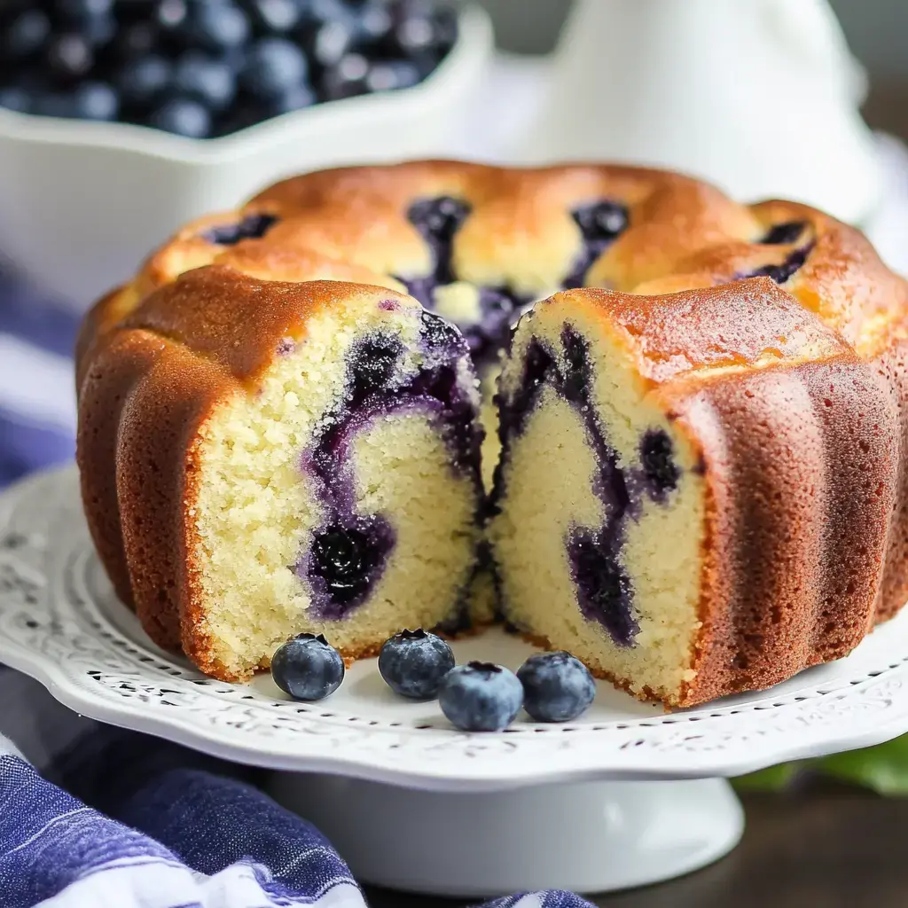 A sliced blueberry bundt cake sits on a decorative white plate, with fresh blueberries scattered around it and a bowl of blueberries in the background.