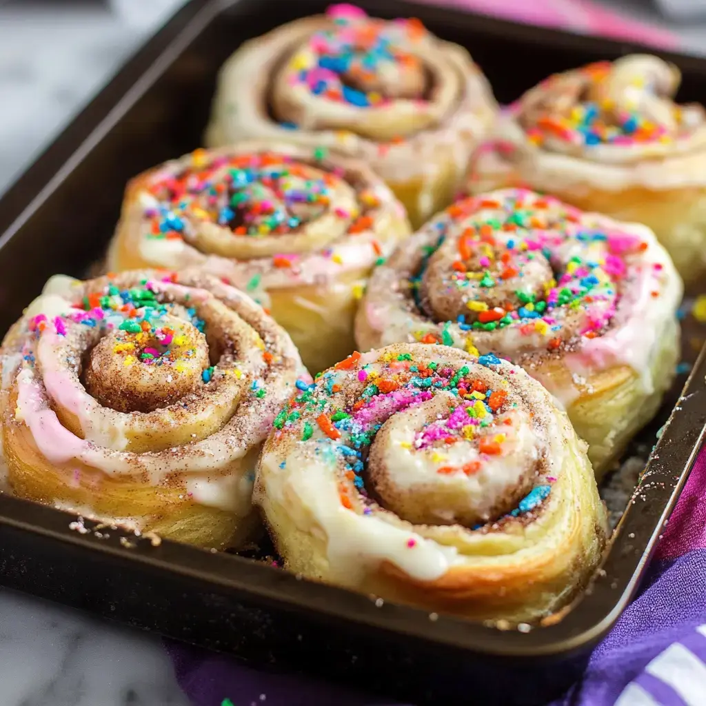 A tray of colorful cinnamon rolls topped with icing and vibrant sprinkles.