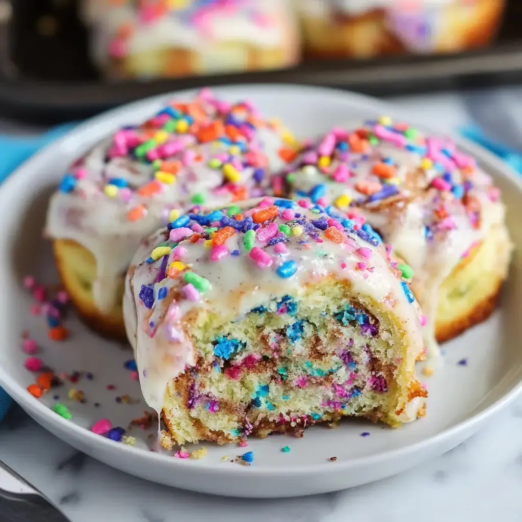 A close-up of a frosted cinnamon roll topped with colorful sprinkles, showing a sliced piece revealing vibrant blue and pink swirls inside.