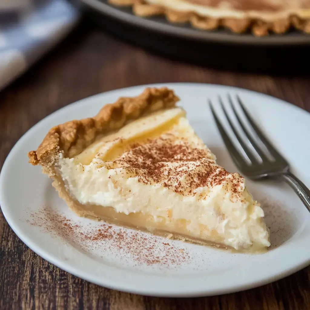 A slice of cream pie with a golden crust, topped with a sprinkle of cinnamon, is displayed on a white plate beside a fork.