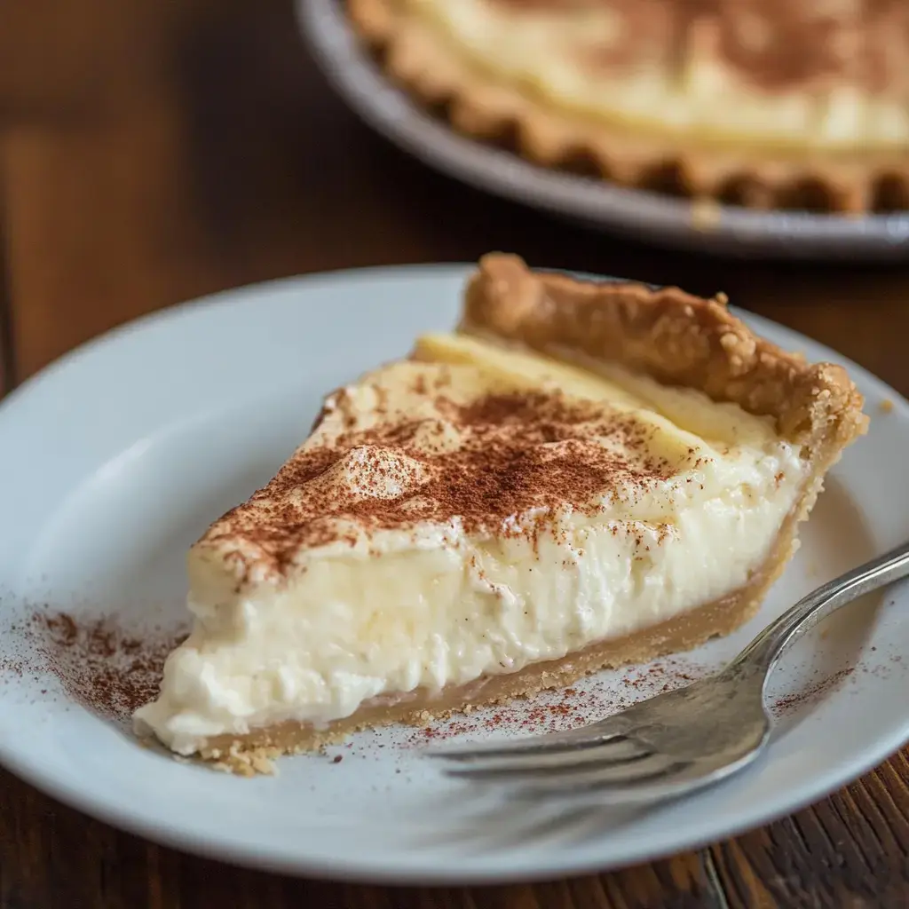 A slice of creamy pie dusted with cocoa powder is served on a plate with a fork beside it.