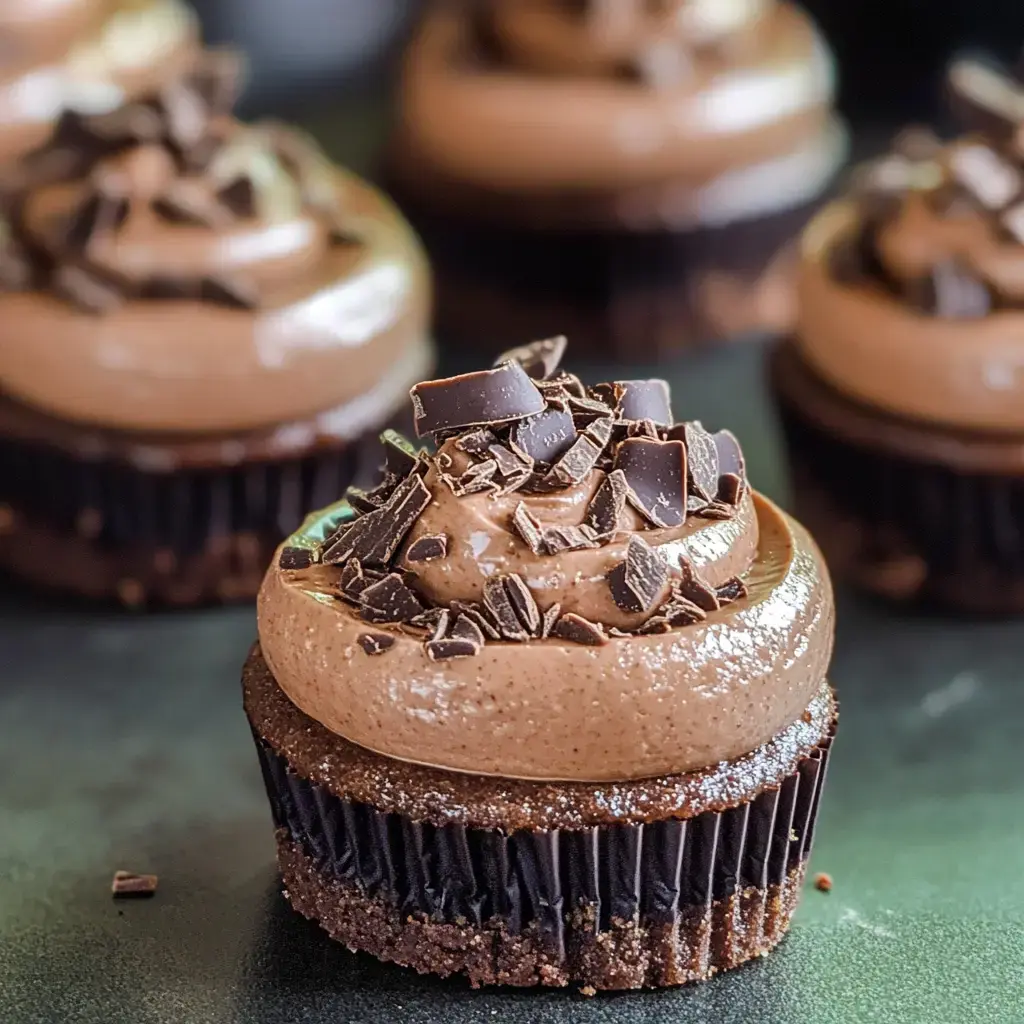 A close-up of a chocolate cupcake topped with creamy chocolate frosting and chocolate shavings, with additional cupcakes blurred in the background.