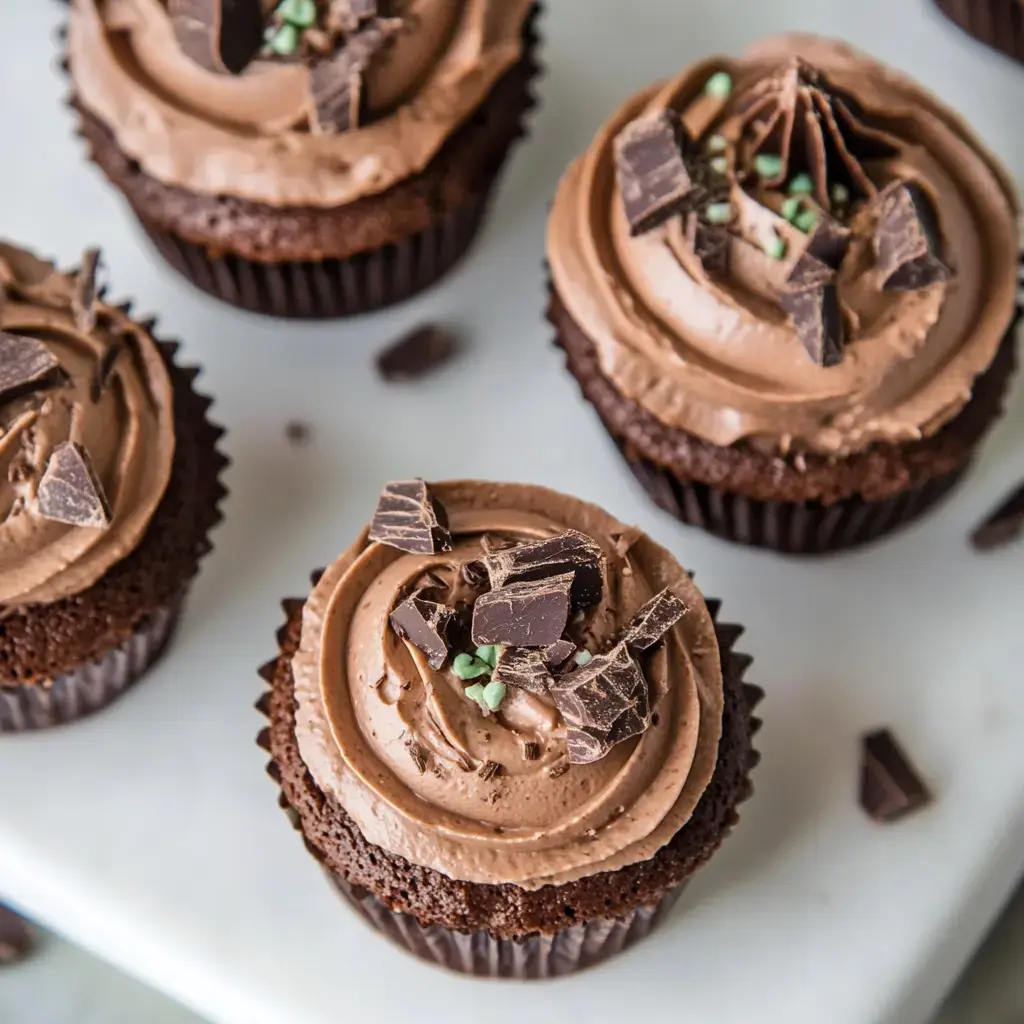 A close-up of chocolate cupcakes decorated with rich chocolate frosting and topped with chocolate shavings and mint pieces.