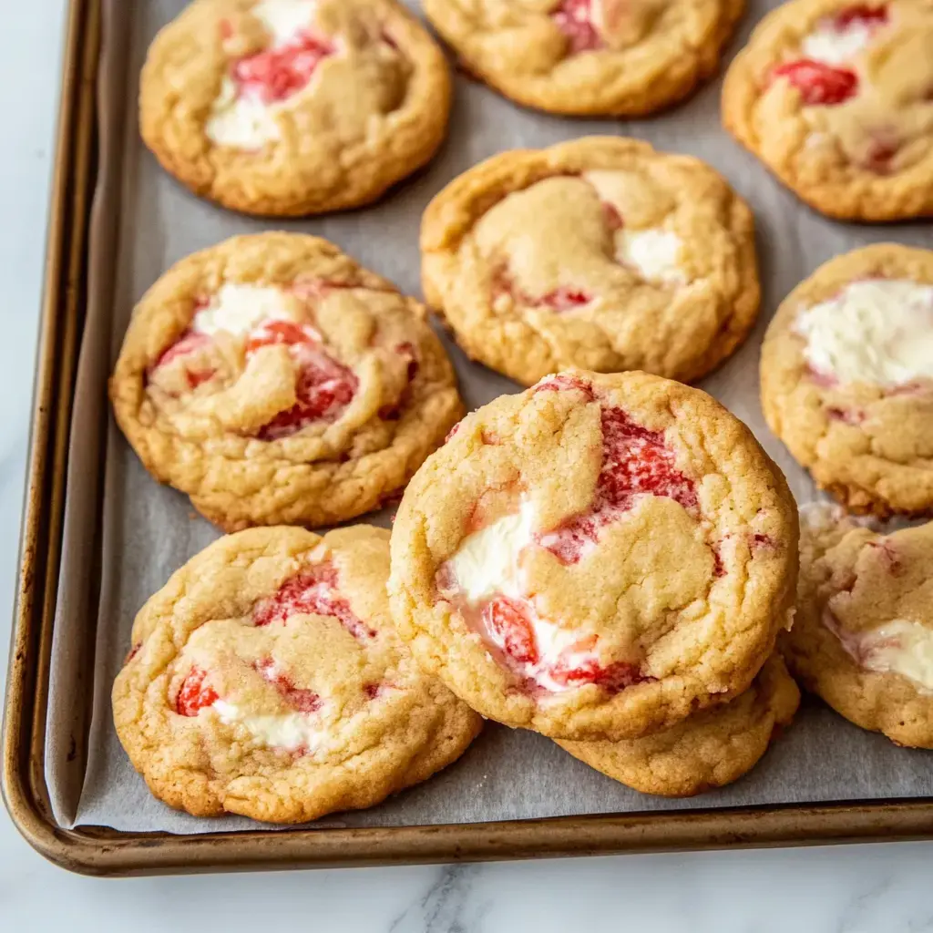 A tray of freshly baked cookies featuring a soft, chewy texture with visible pieces of strawberry and creamy filling.