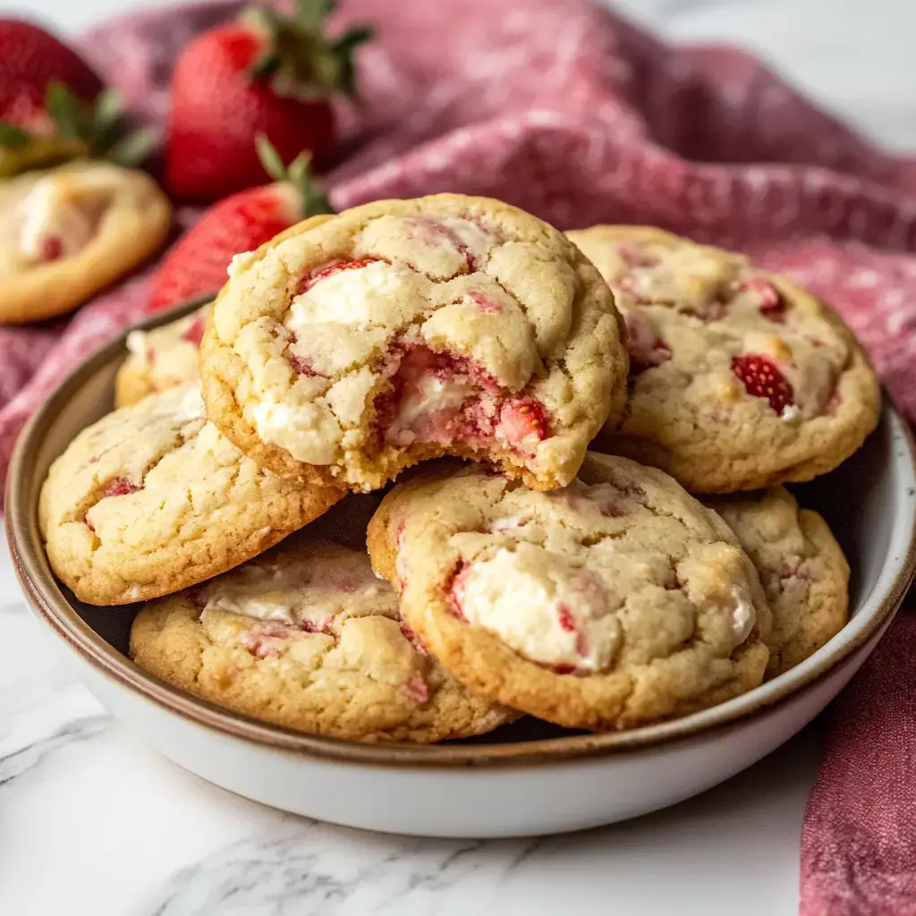 A plate of freshly baked cookies with strawberries and cream, some cookies are broken, revealing the soft filling inside.