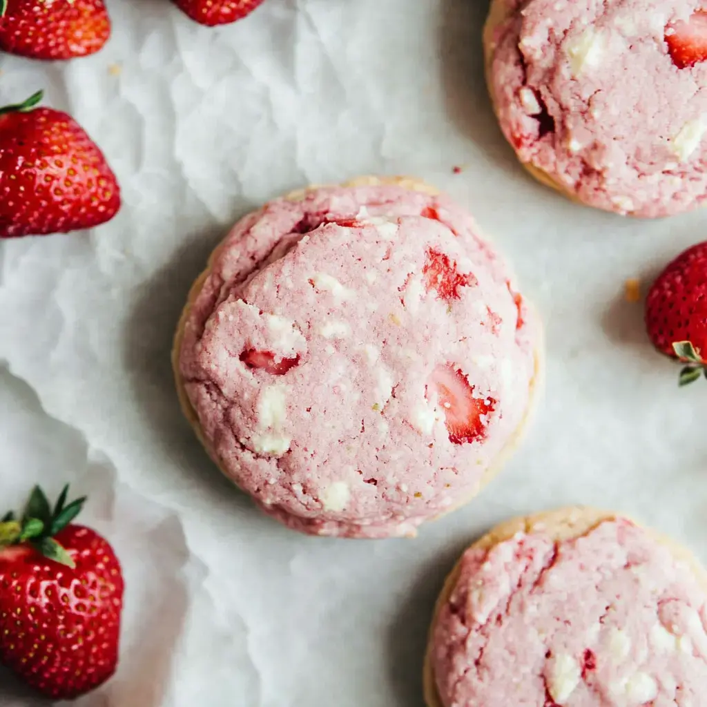 A top-down view of three pink strawberry cookies surrounded by fresh strawberries on a sheet of parchment paper.