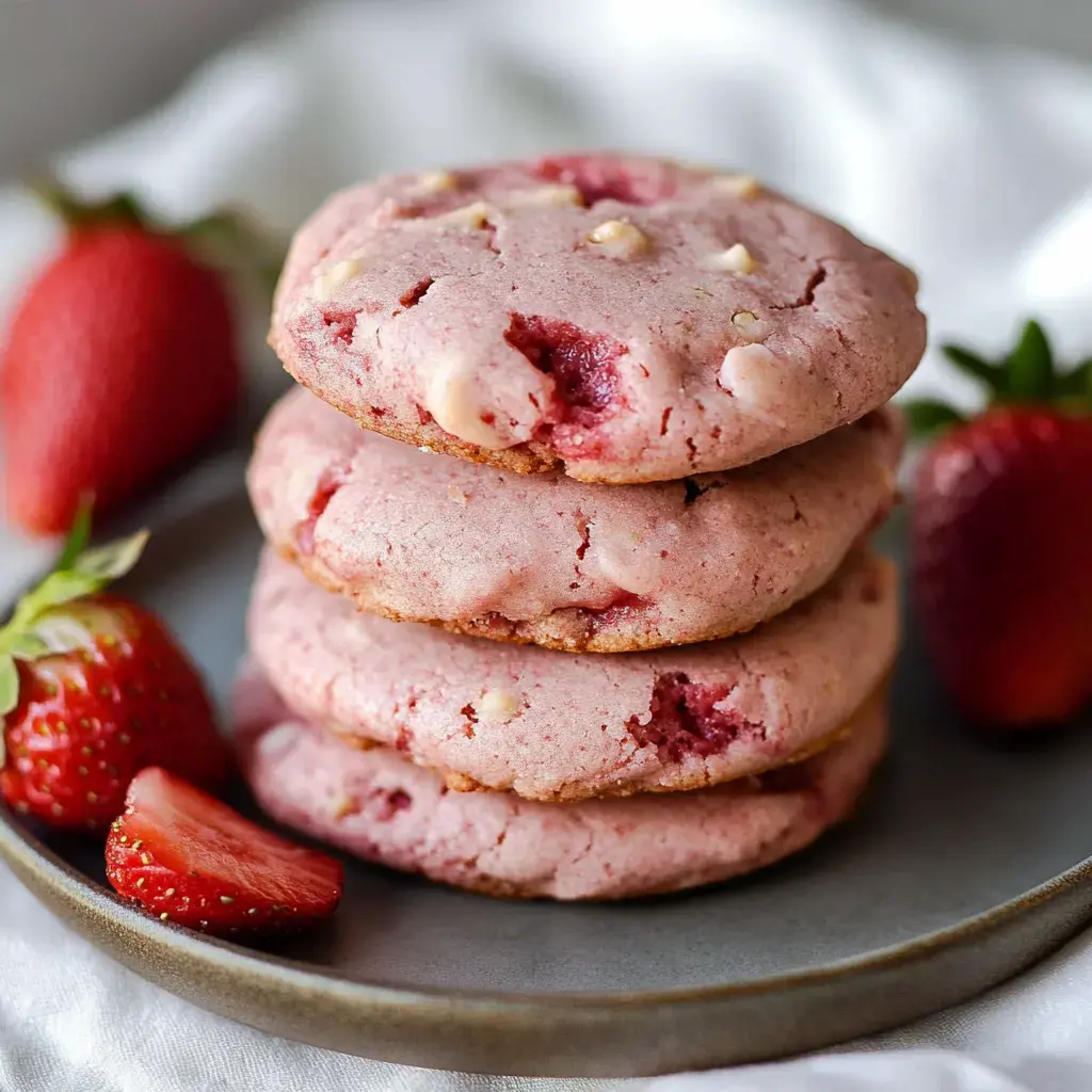 A stack of pink strawberry cookies with white chocolate chips, surrounded by fresh strawberries, on a gray plate.