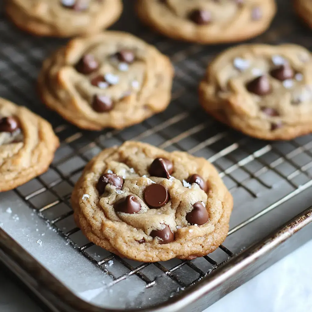 A close-up of freshly baked chocolate chip cookies on a cooling rack, sprinkled with sea salt.