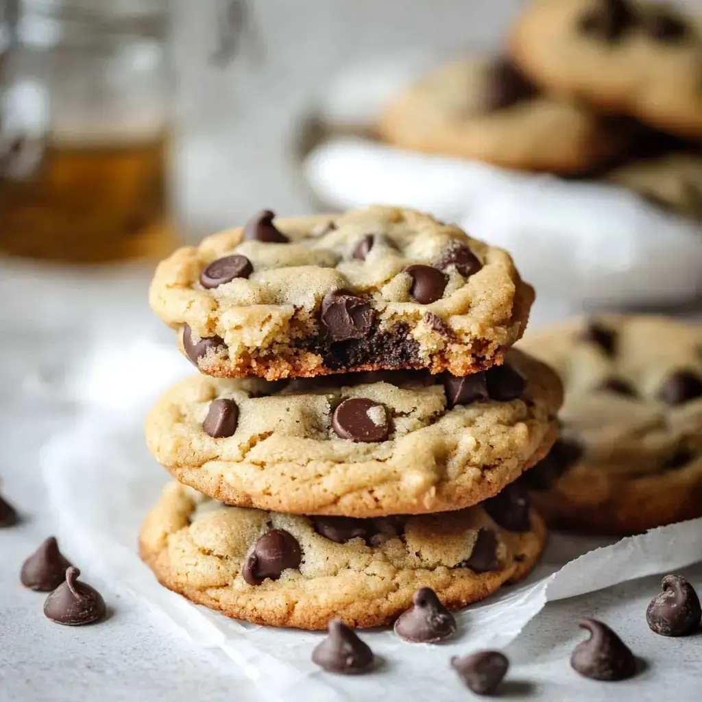 A stack of three chocolate chip cookies, with one cookie slightly broken to reveal the melted chocolate inside, surrounded by chocolate chips on a light surface.