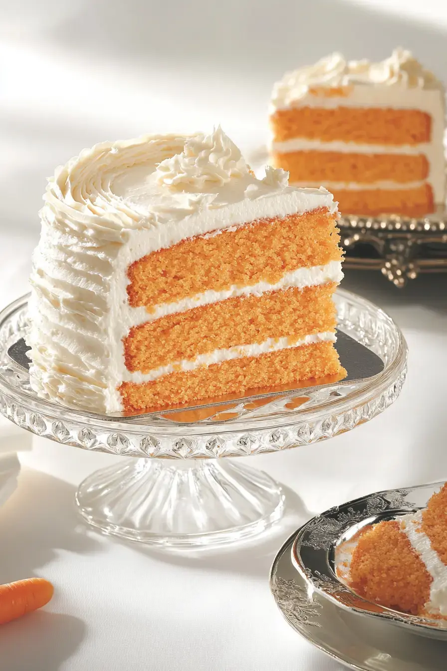 A slice of layered carrot cake with cream cheese frosting is presented on a crystal cake stand, with another slice on a silver plate nearby.