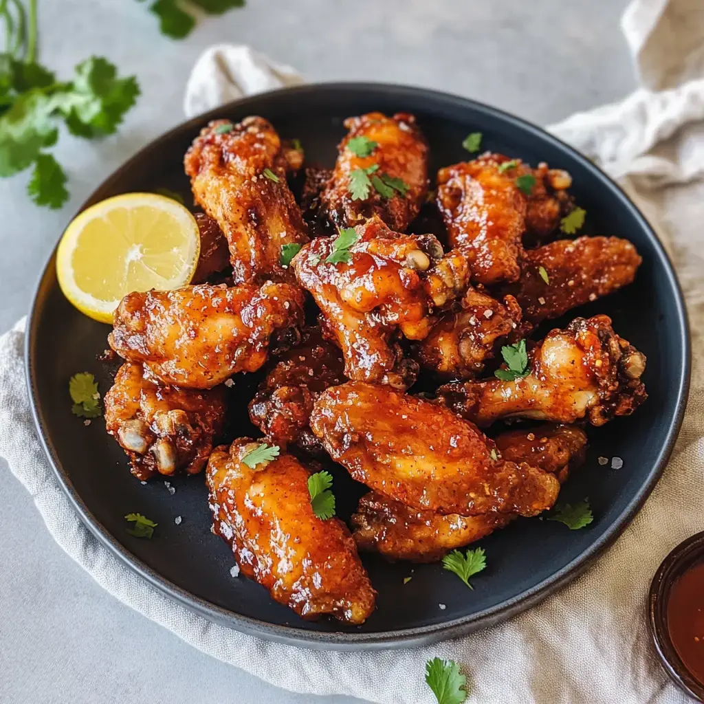 A bowl of glazed chicken wings garnished with cilantro and a slice of lemon.