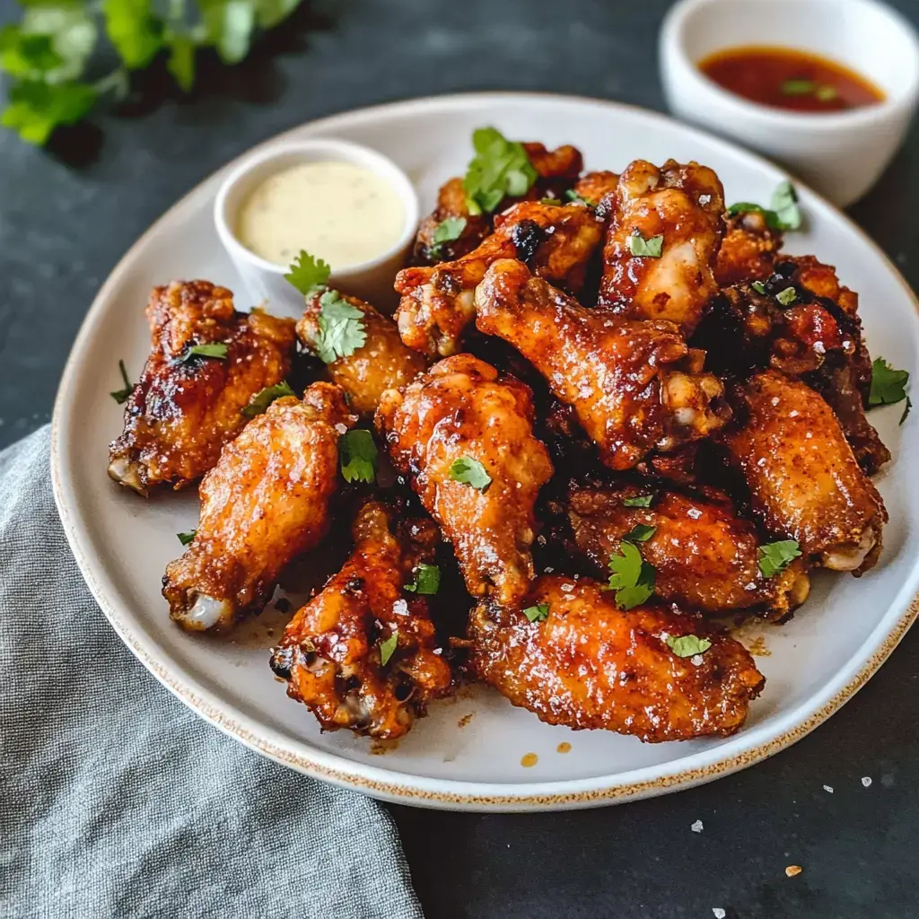 A plate of glazed chicken wings garnished with fresh cilantro, accompanied by small bowls of dipping sauces.