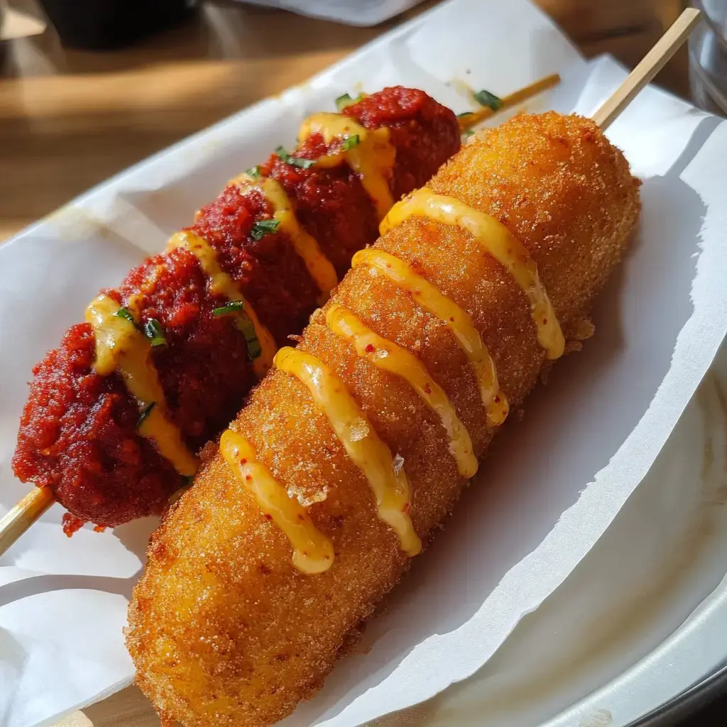 Two skewers of coated corn dogs, one with a spicy red topping and drizzled with mustard, and the other golden brown with a yellow sauce, served on a paper tray.