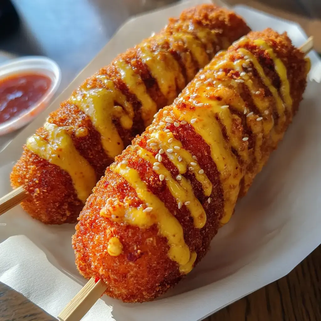 Two breaded and deep-fried corn dog skewers, drizzled with yellow mustard and sprinkled with sesame seeds, served alongside a small cup of ketchup.