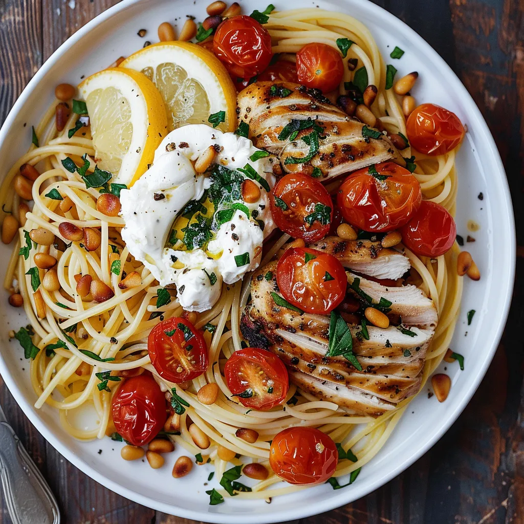 Chicken Spaghetti with Burrata and Lemon Butter Garlic Sauce