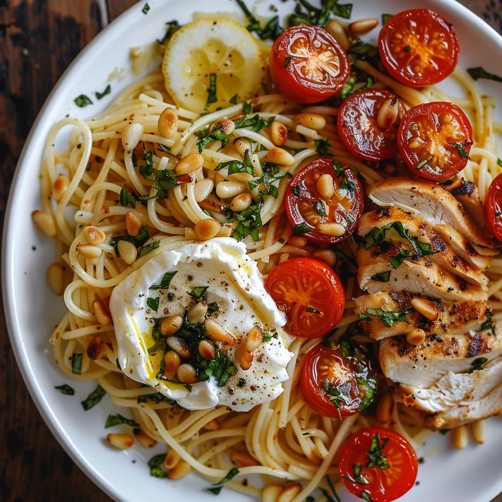 Chicken Spaghetti with Burrata and Lemon Butter Garlic Sauce Recipe