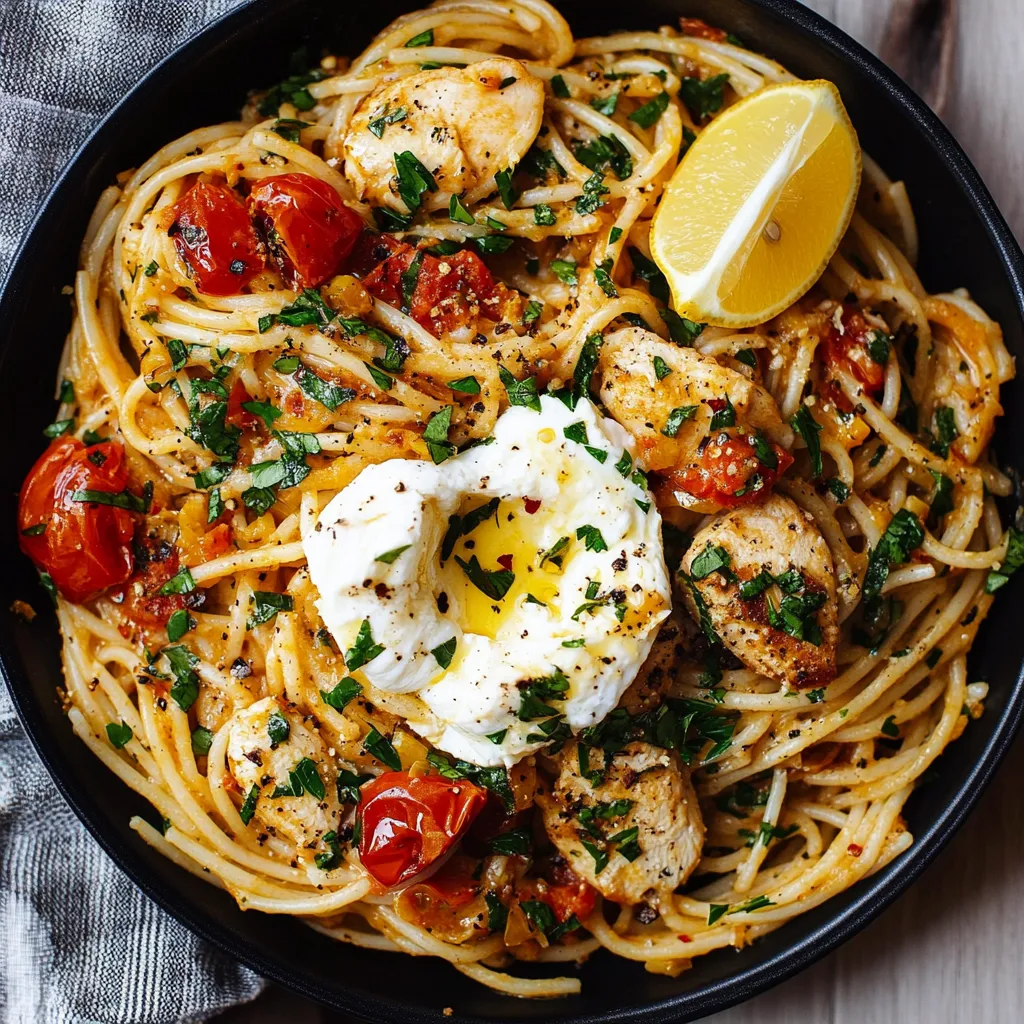 Chicken Spaghetti with Burrata and Lemon Butter Garlic Sauce Recipe