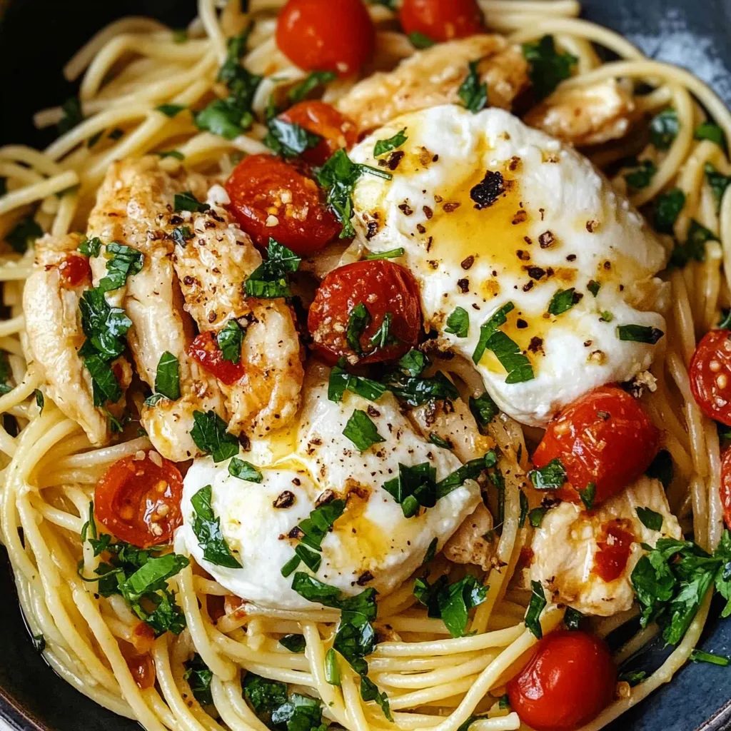 Best Chicken Spaghetti with Burrata and Lemon Butter Garlic Sauce