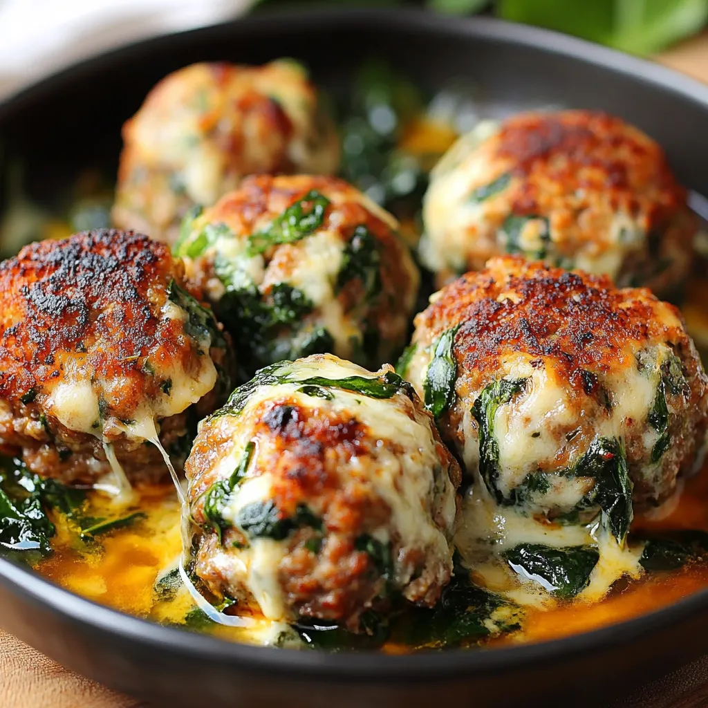 Mozzarella-Stuffed Turkey Meatballs with Spinach and Garlic