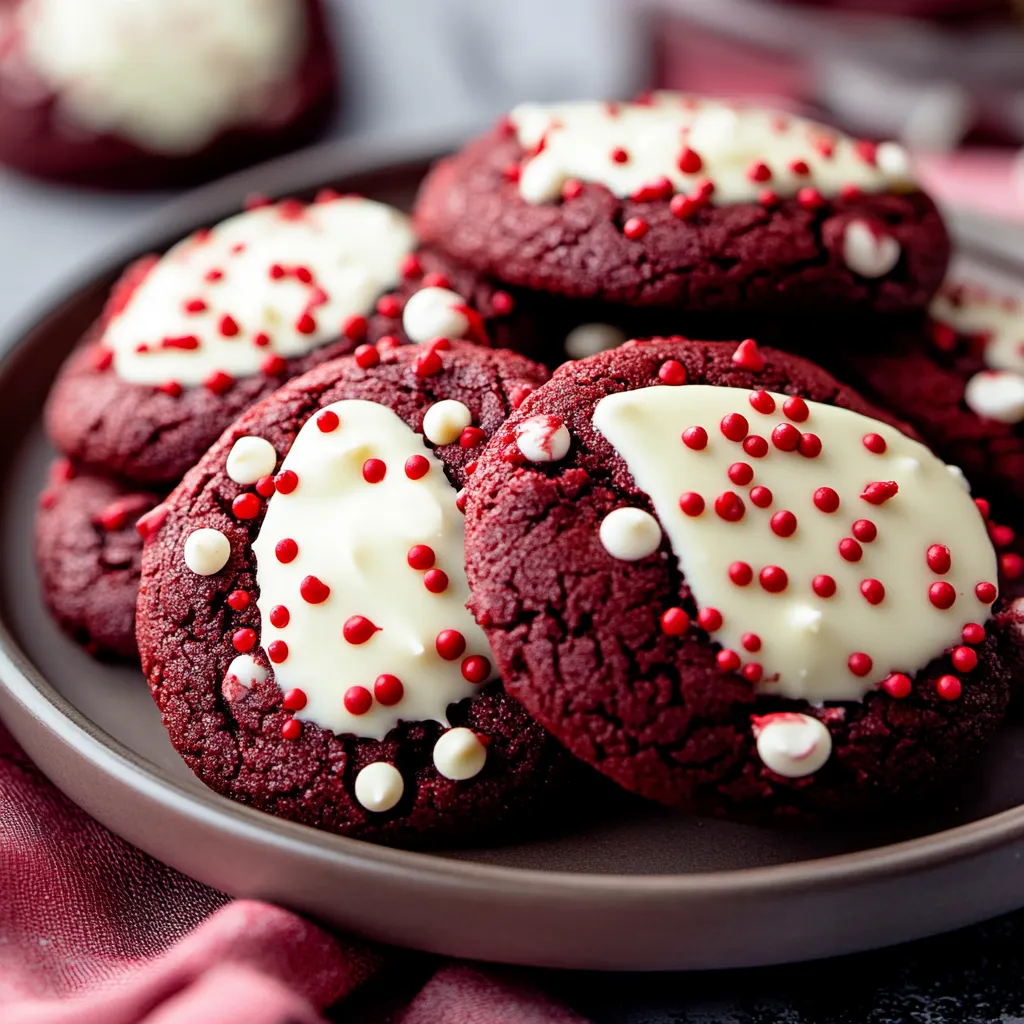 White Chocolate Dipped Red Velvet Cookies