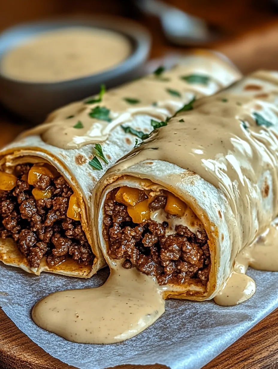 Delicious Cheesy Ground Beef Delight Wrap with Creamy Sauce