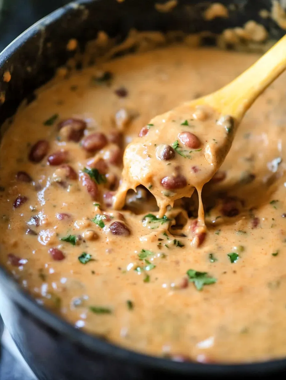A spoon is in a bowl of soup, and the soup is brown.