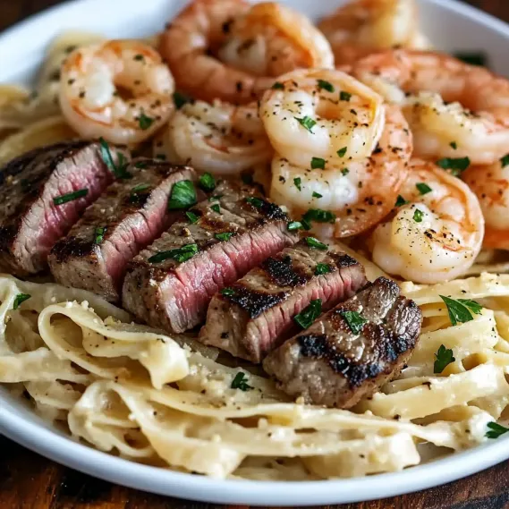 Steak and Shrimp Alfredo Pasta