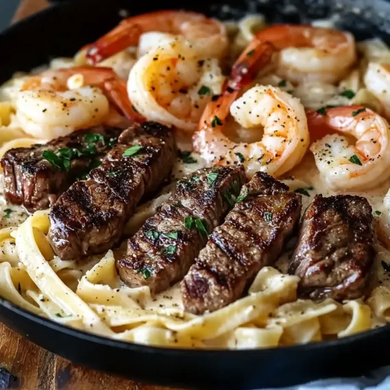 Delicious Steak and Shrimp Alfredo Pasta