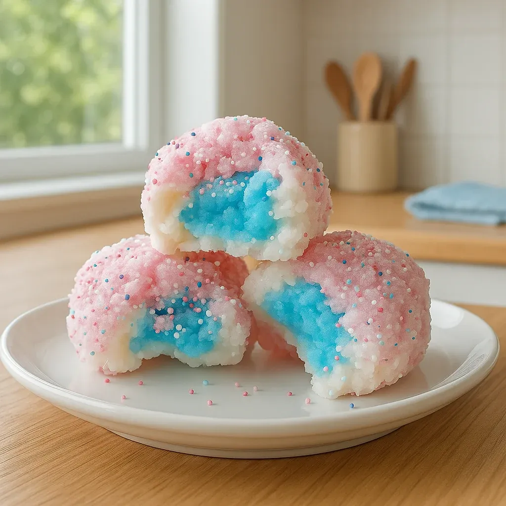Three colorful cake balls on a plate.