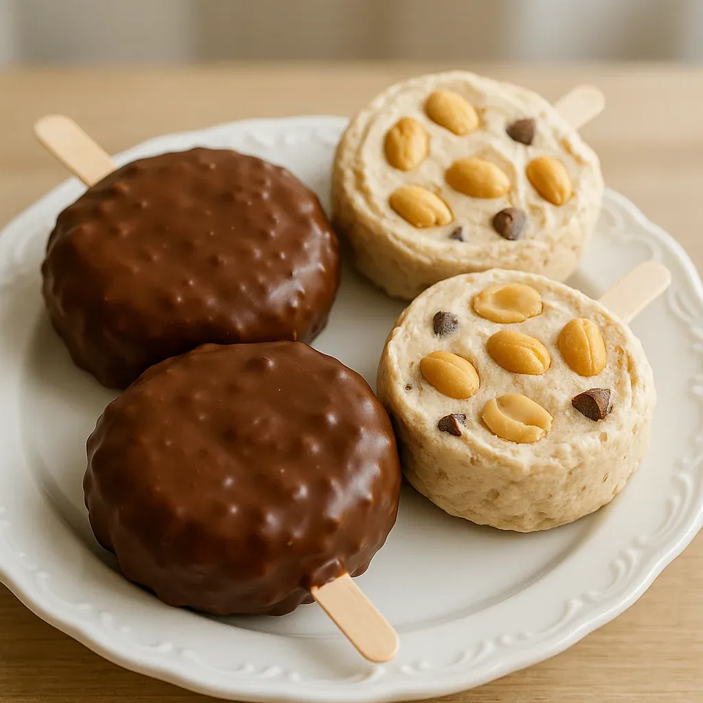 A white plate with two brown and white desserts.