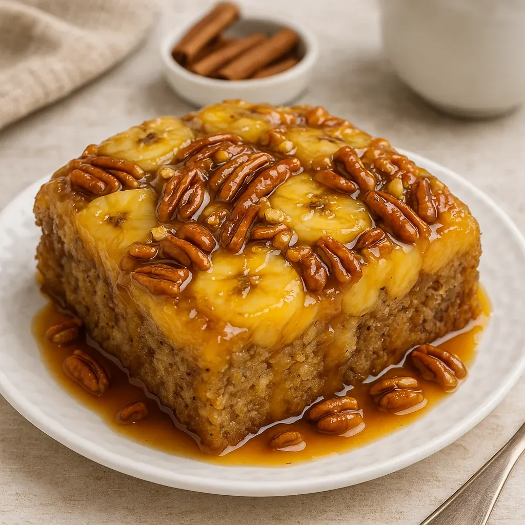 A square piece of cake with bananas and nuts on top.
