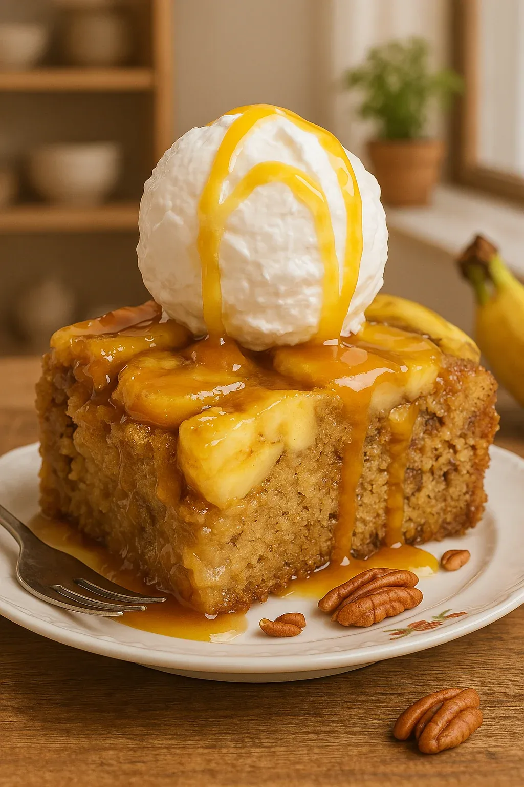 A slice of banana cake with a scoop of ice cream on top.