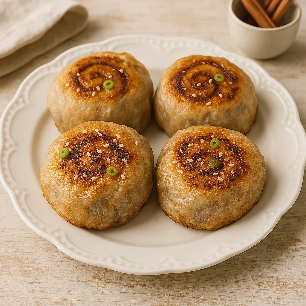 Three dumplings on a plate.