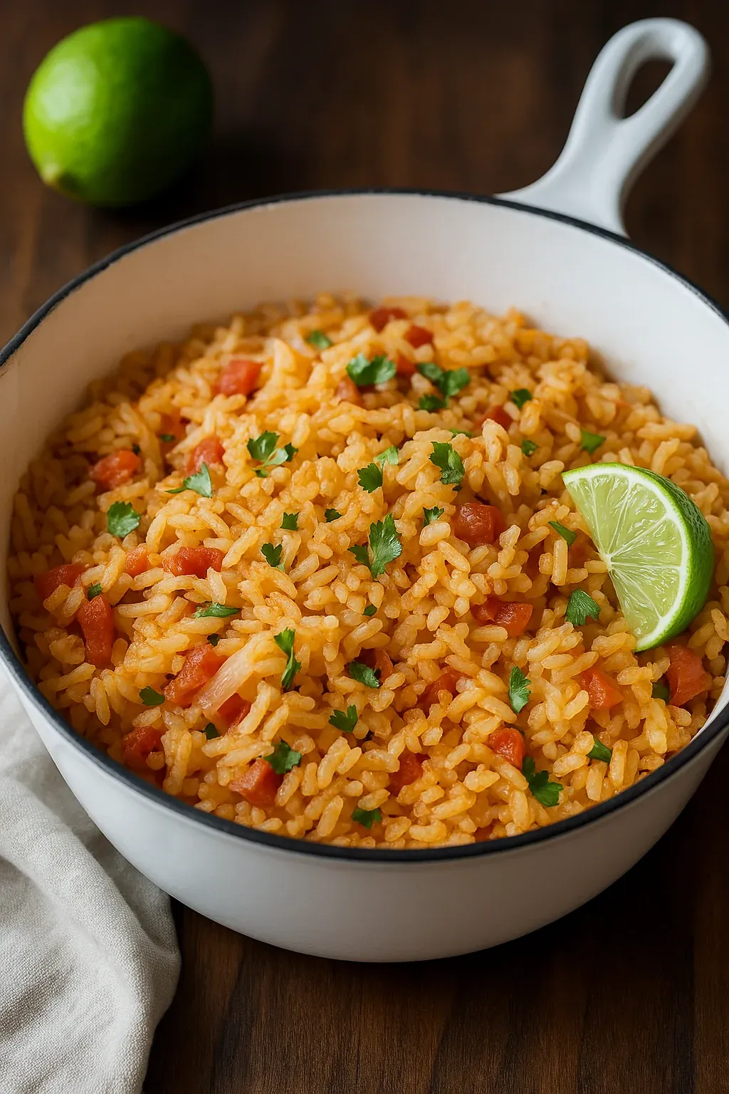 A bowl of rice with tomatoes and limes.