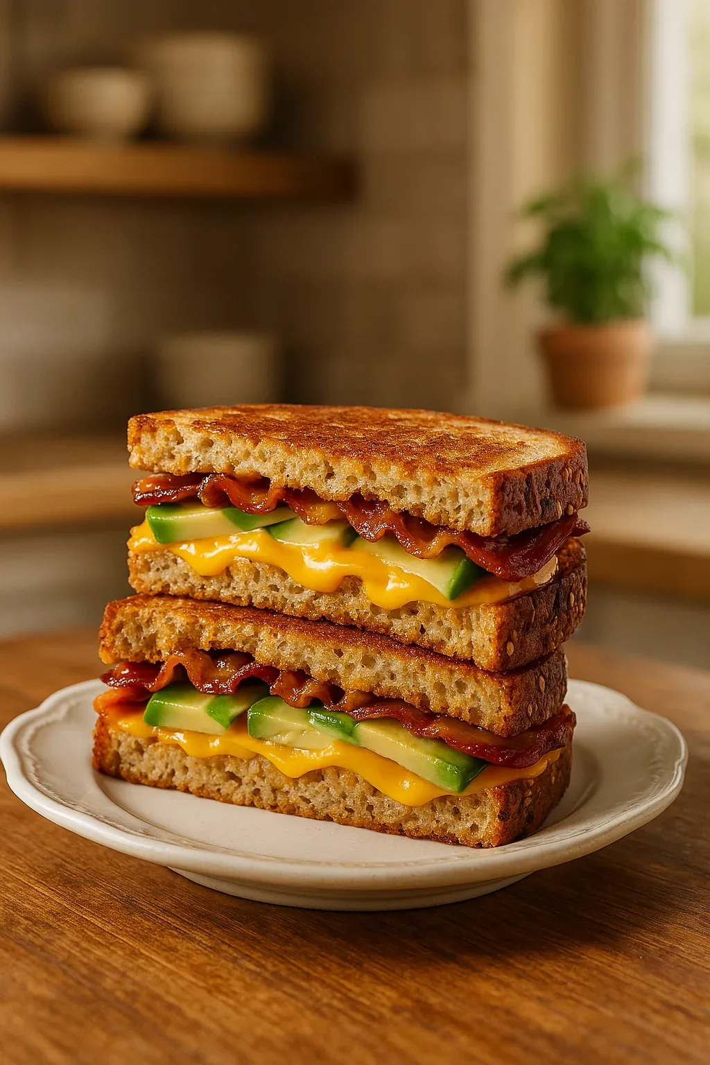 A sandwich with bacon, cheese, and avocado.