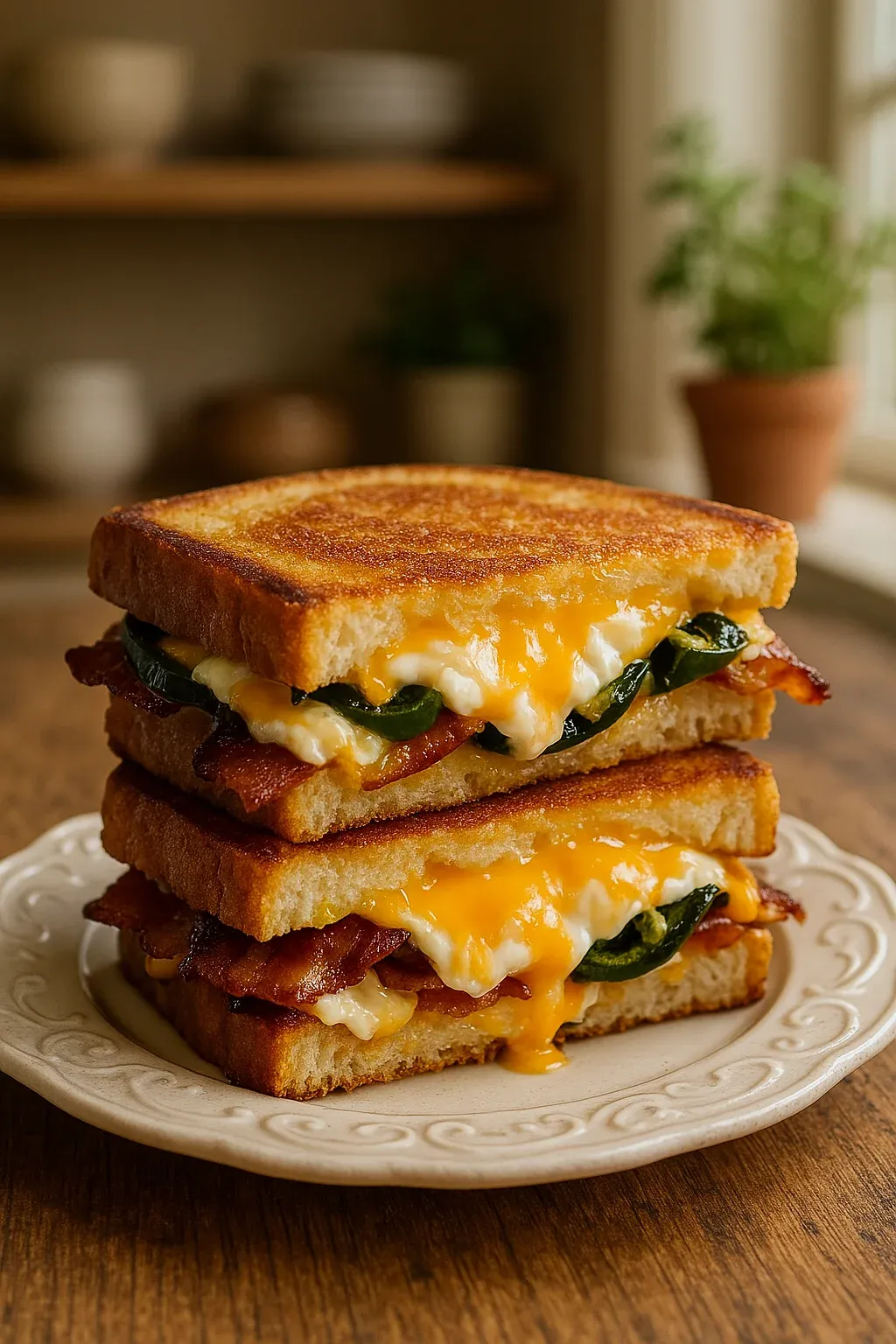 Two grilled cheese sandwiches with bacon and jalapenos.