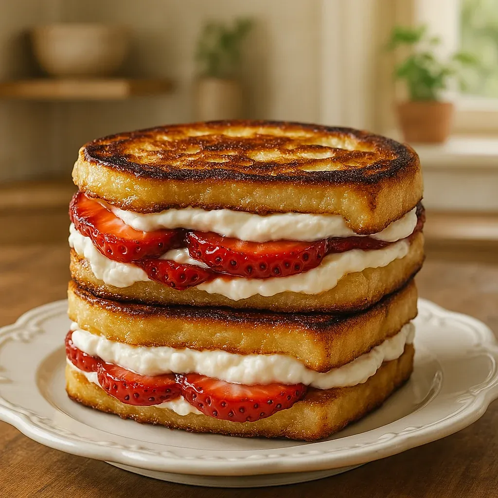 A stack of three sandwiches with strawberries and whipped cream.