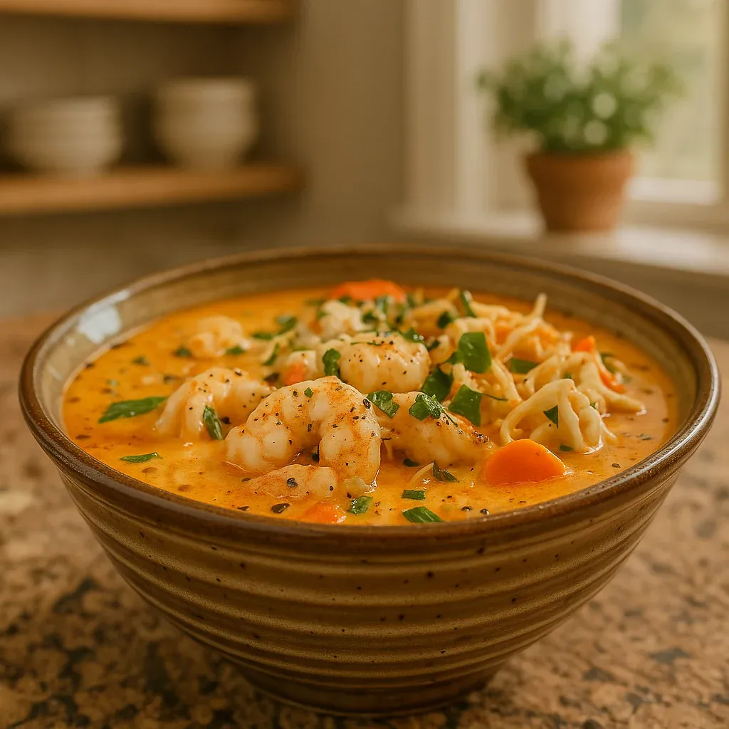 A bowl of soup with shrimp and carrots.