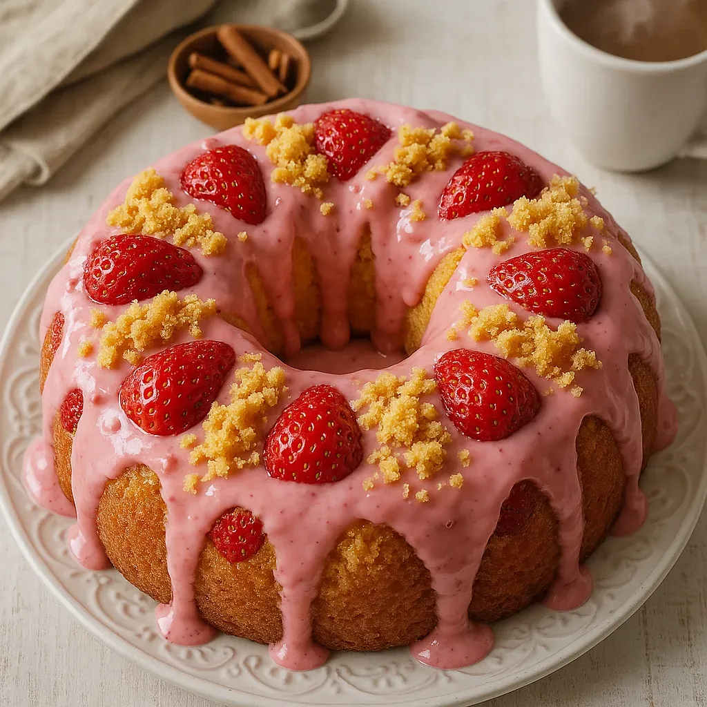 A cake with strawberries and pink icing.