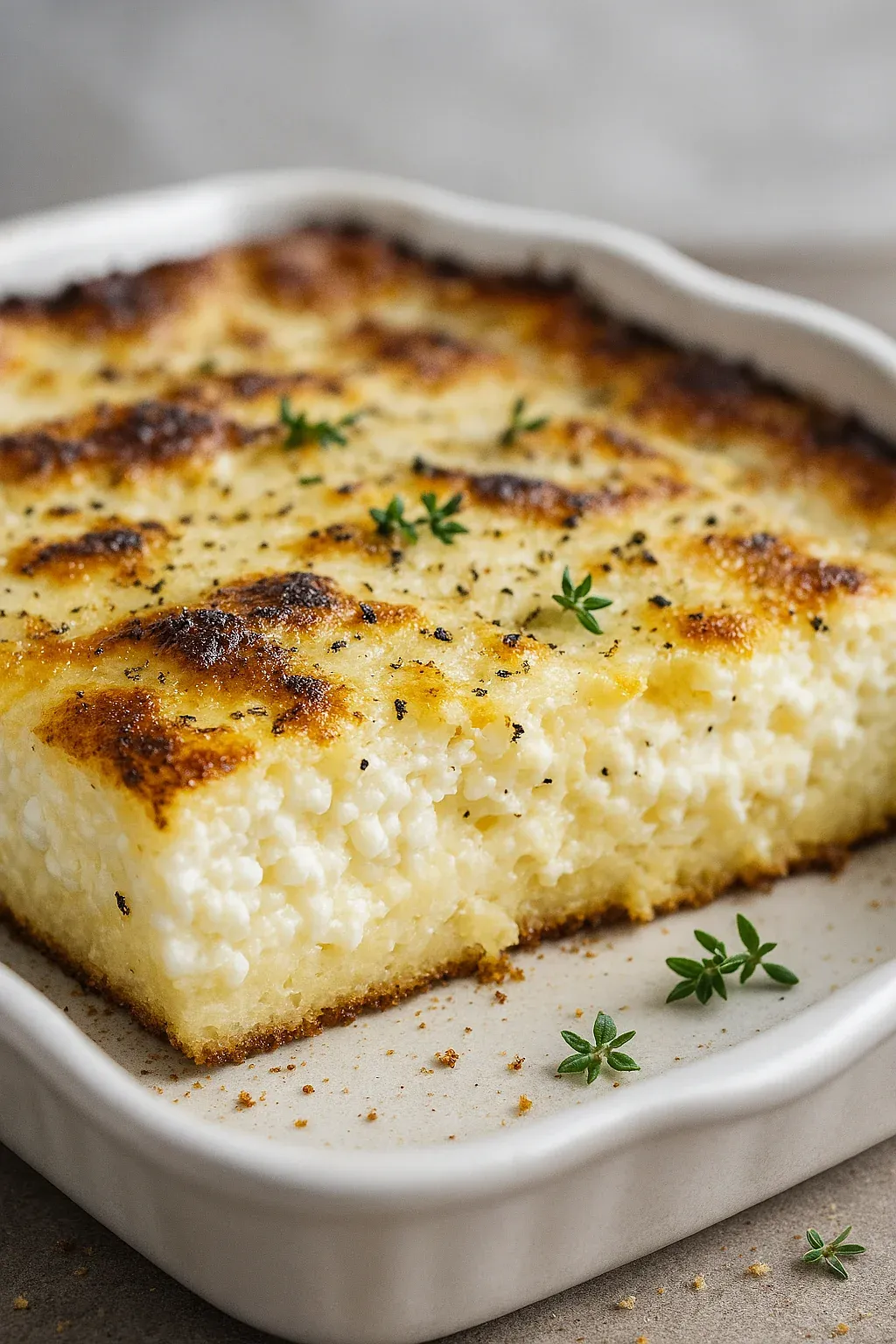 A white plate with a casserole dish.