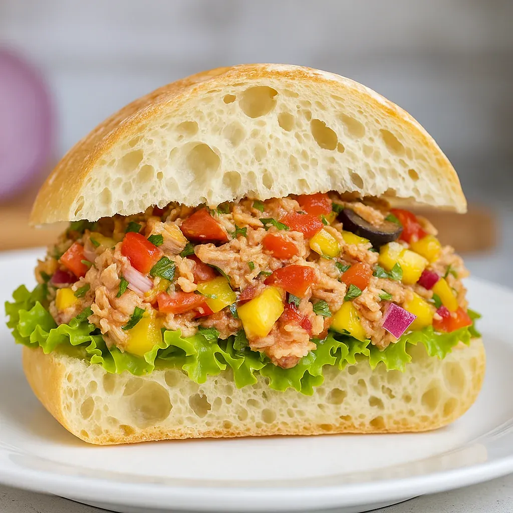 A sandwich with meat, tomatoes, lettuce, and pineapple on a white plate.