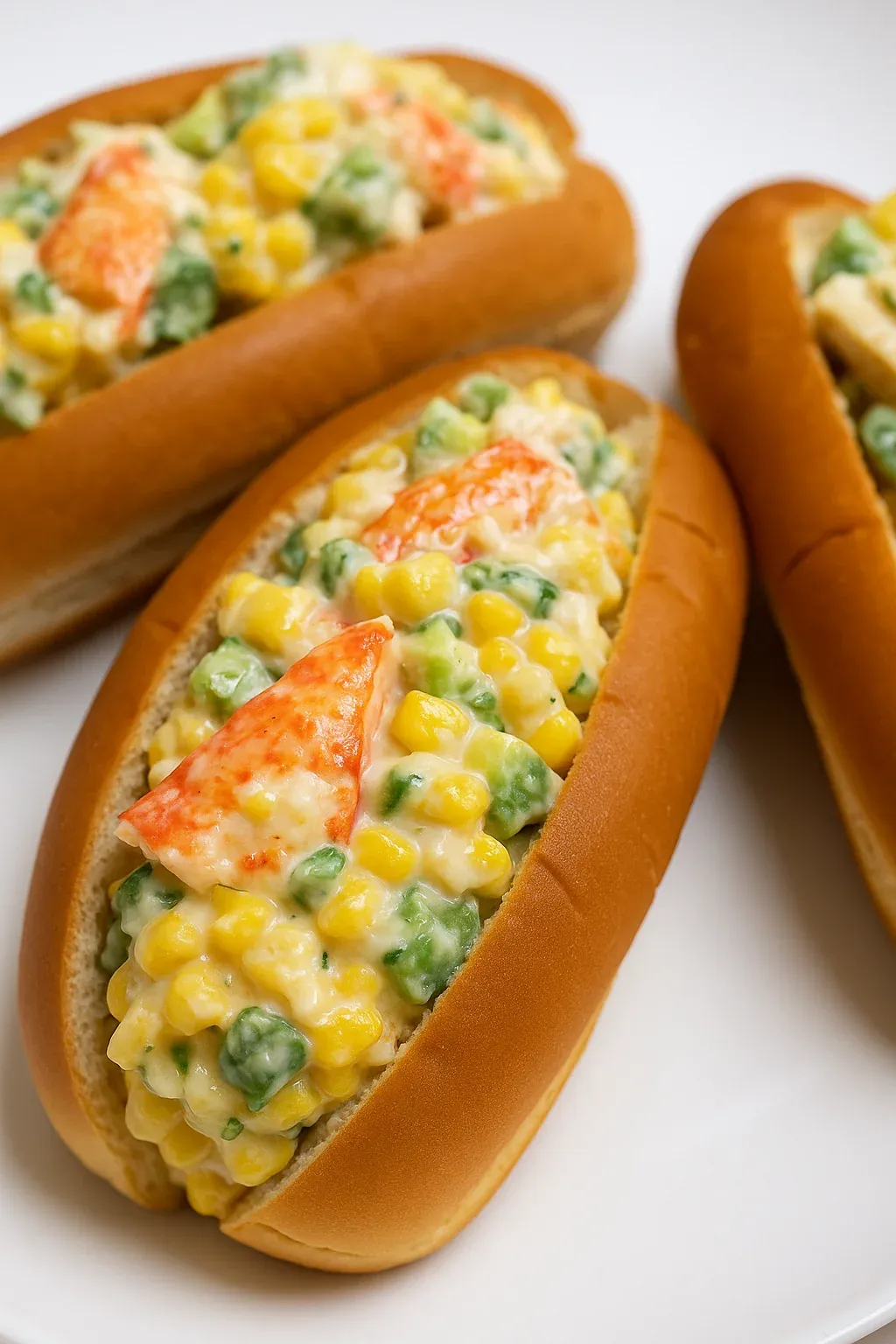 A hot dog with corn and lobster on top.