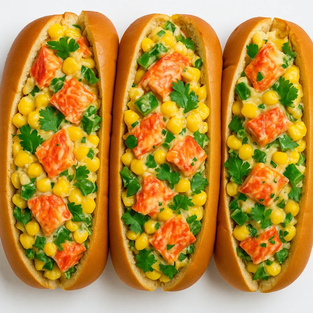 Three hot dogs with corn and red peppers.