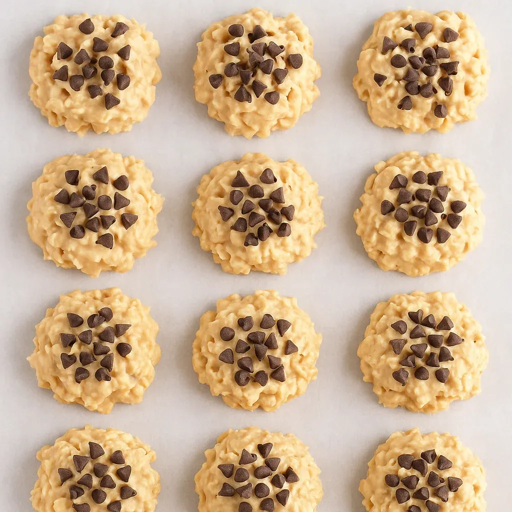 A tray of cookies with chocolate chips.