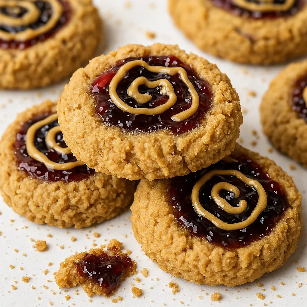 A stack of cookies with jam in the middle.