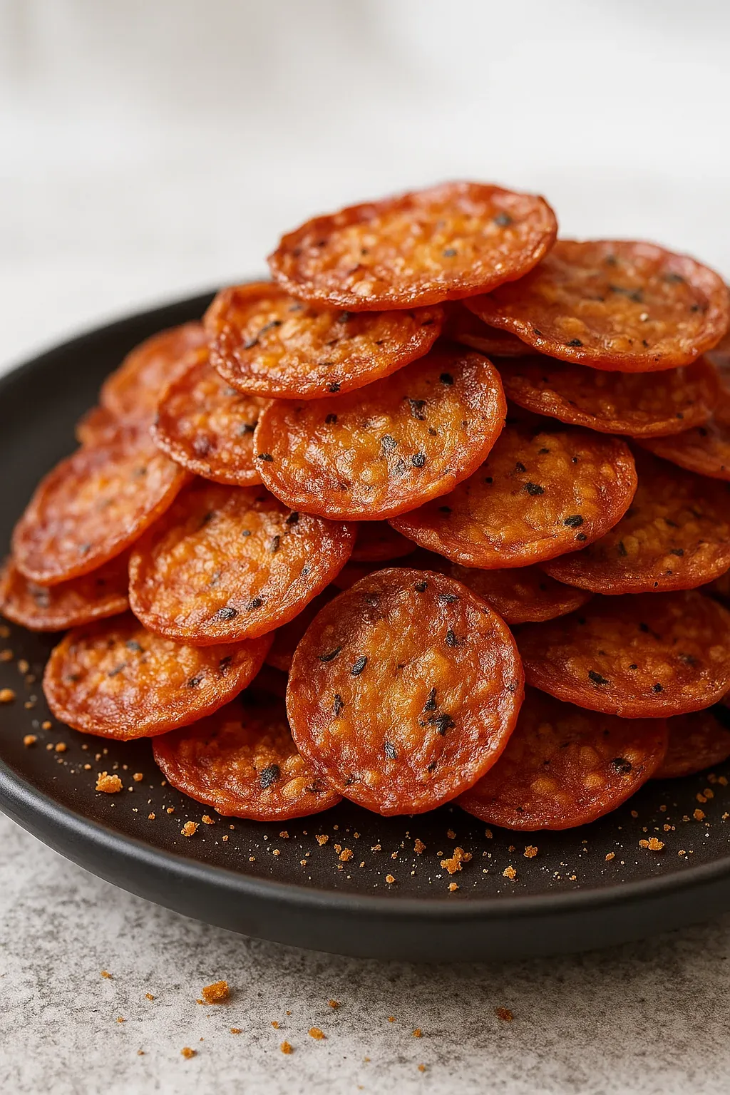 A stack of pepperoni slices on a plate.