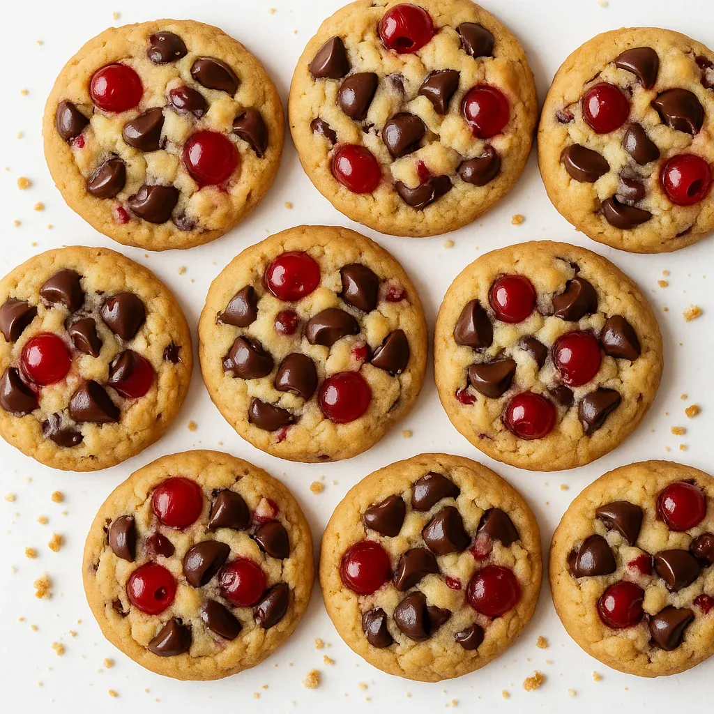 Chocolate chip cookies with red cherries.